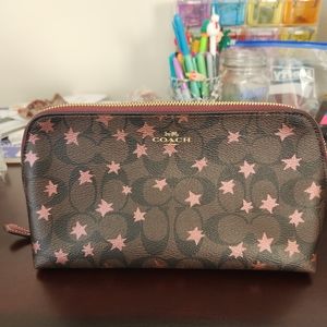 Coach Signature Brown with Pink Stars Leather Cosmetic Travel Bag